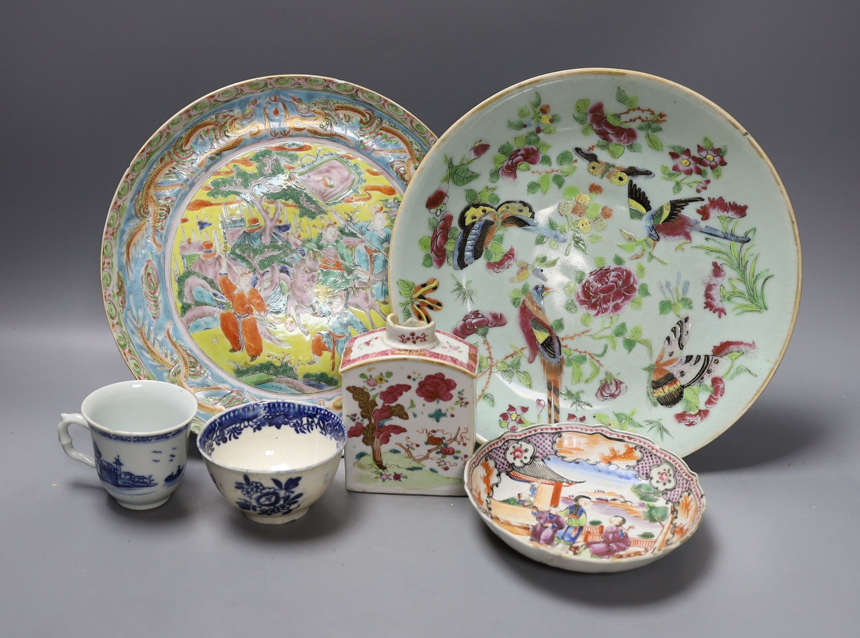 A Chinese celadon ground dish, another dish, Chinese export tea caddy, similar saucer and a blue and white teacup and saucer